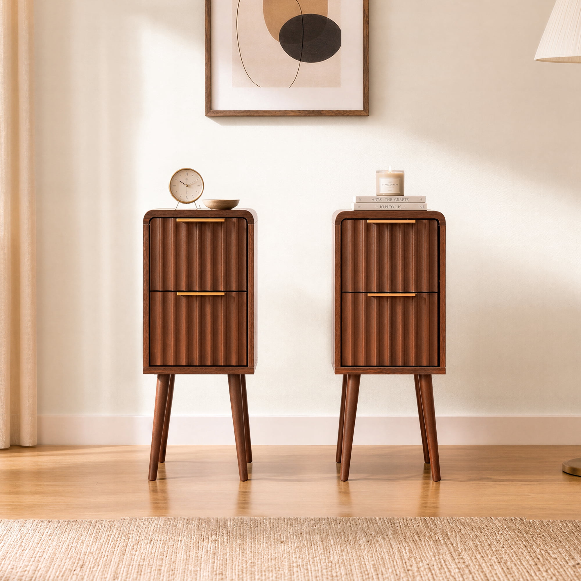 Spruce & Spring Mid-Century Modern Fluted Narrow Nightstands Set of 2 with 2 Drawers & Gold Handles for Living Room, Walnut