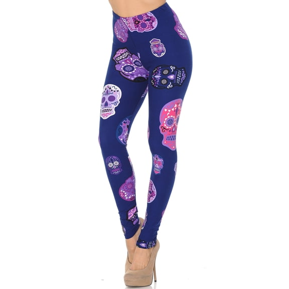 Buttery Soft Violet Sugar Skulls Leggings (One Size Regular,Purple)