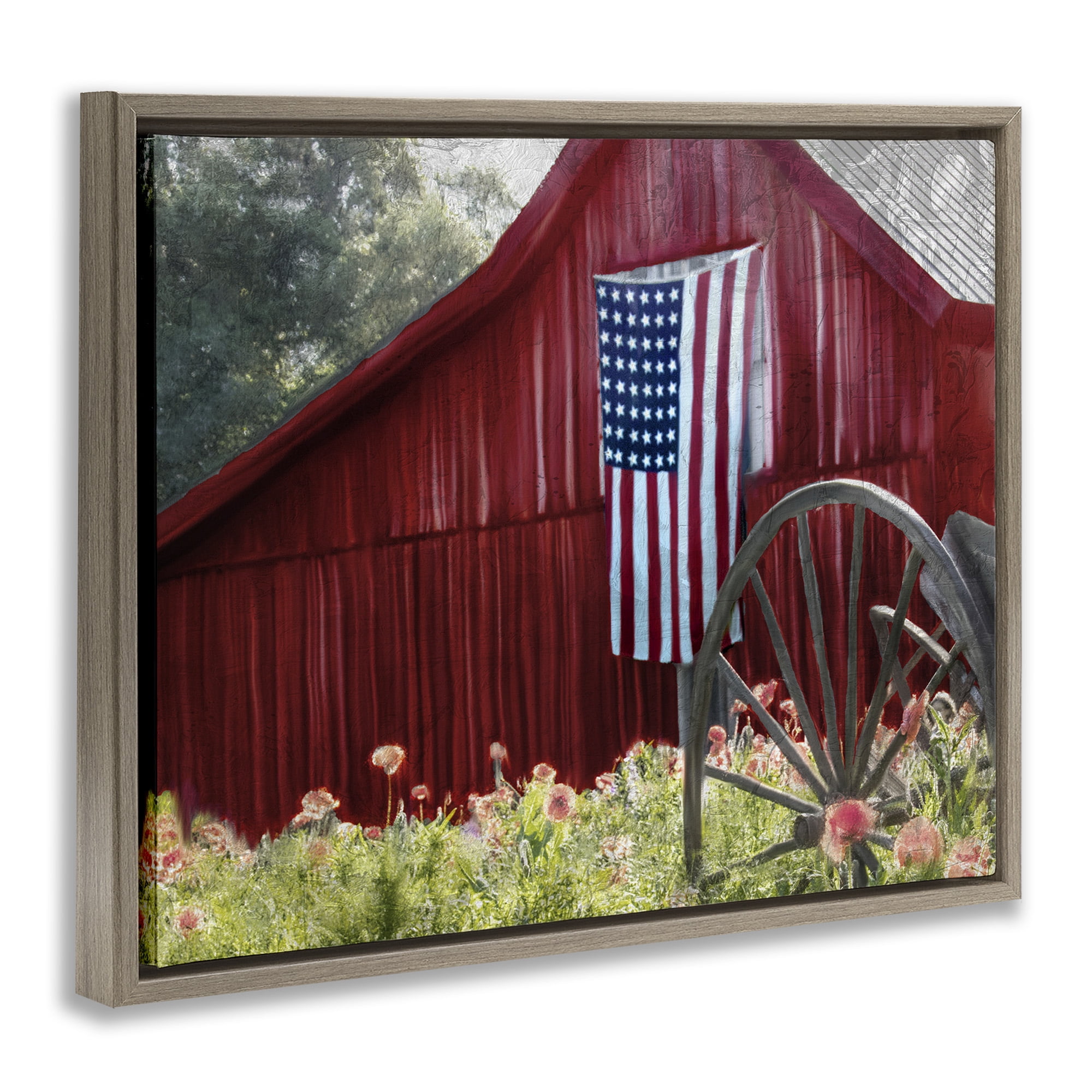 Stupell Industries Red Barn with American Flag Travel & Places Painting Brown Floater Framed Canvas Art Print Wall Art, 21 x 17