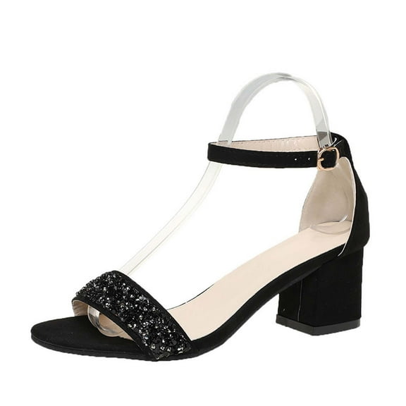 Xfvqtps Womens Sandals Chunky Mid Heel Sparkly Sequin Blingbling Open Toe Ankle Adjustable Buckle Wedding Party Bride Dressy Summer Pumps Black