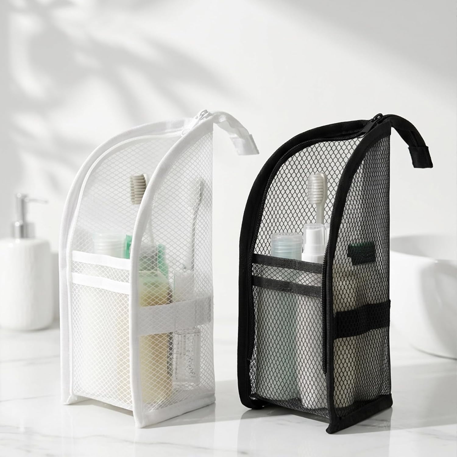 2Pcs Standing Toiletry Bag, Waterproof Translucent Cosmetic Bag, Leakproof EVA Travel Organizer for Bathroom, Gym and Outdoor Trip (2Pcs, Black & White)