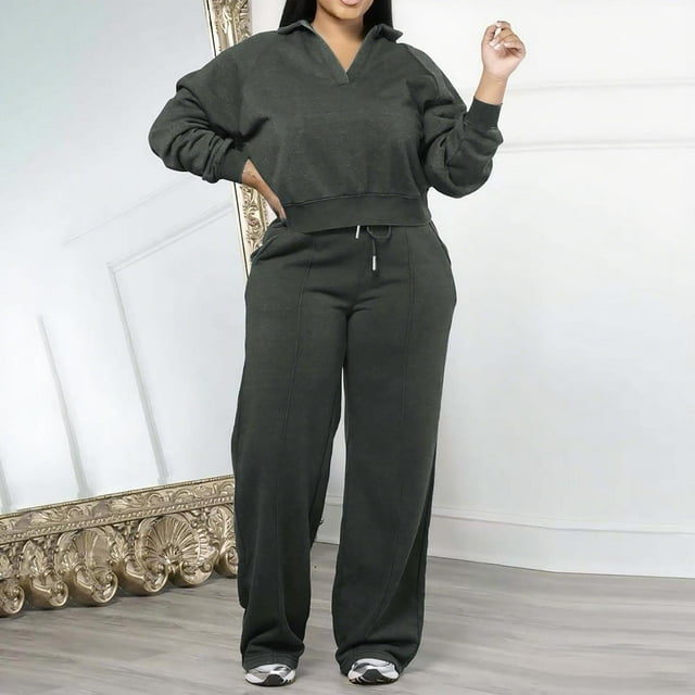 UPPADA Ensemble Détente 2 Pcs pour Femmes Grande Taille Ensembles Détente 2 Pcs pour Femmes aux Formes Chandail à Col Rond Ample et Pantalon de Survêtement Ensemble Économies d'Automne Noir,TTG