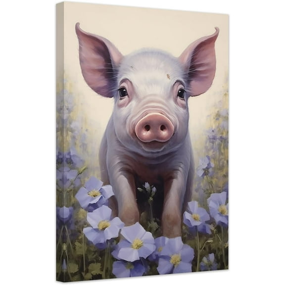 LYUNSHUO Pig Posters Canvas Wall Art Pig Picture With Purple Flowers Farm Animal Illustration Wall Decor Country Farmhouse Art Decor Framed for Home (12.00" x 18.00")