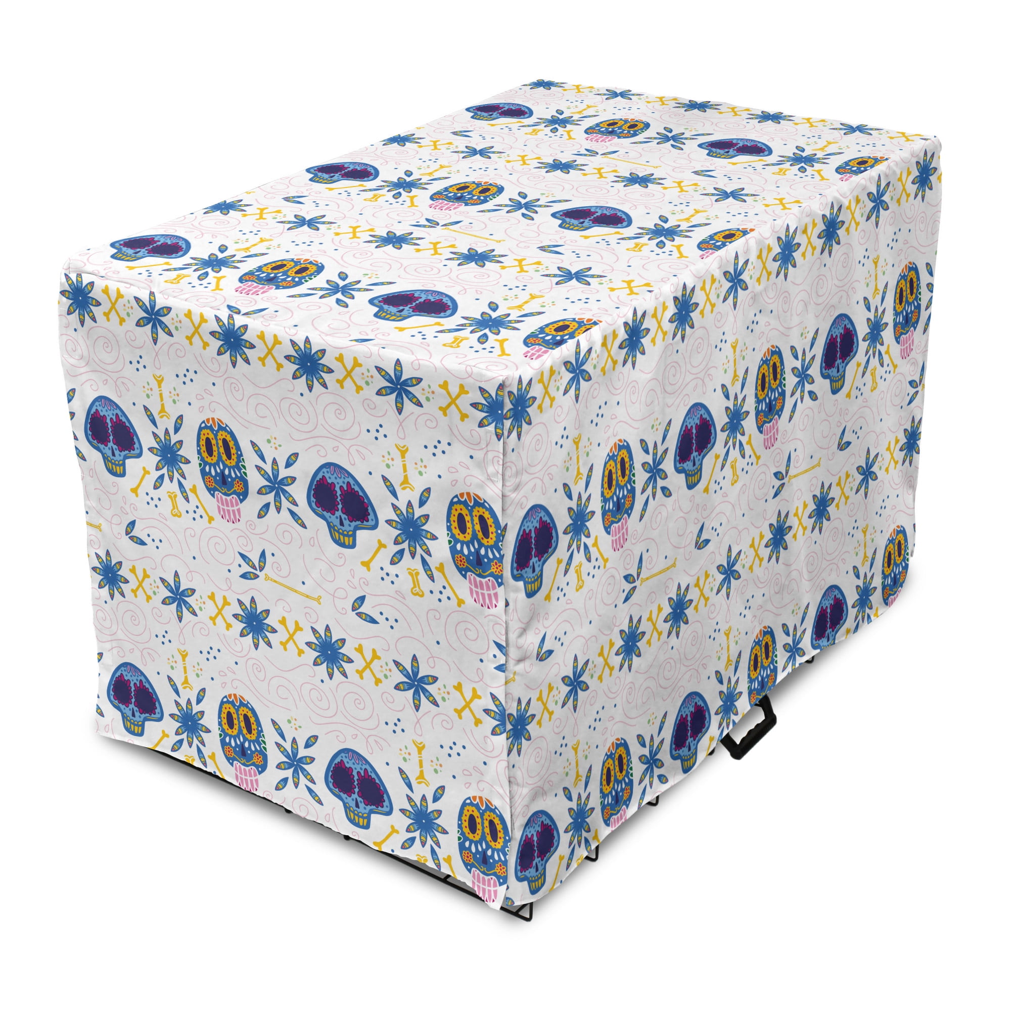 Cinco de Mayo Dog Crate Cover, Cultural Sugar Skulls Bones and Flowers