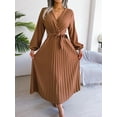 thumbnail image 3 of Women's Long Sleeve V-Neck Elegant Dresses for Women Robe with Belt Solid Crisscross Pleated Long Max Dress Mature, 3 of 7