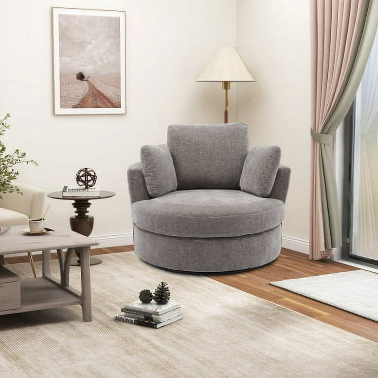 Swivel Barrel Chair with 3 Pillows Leisure Round Accent Armchair