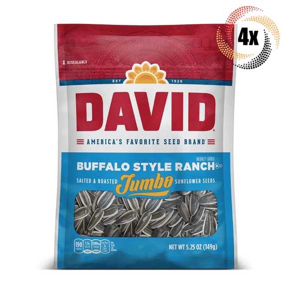 4x David Jumbo Buffalo Style Ranch Sunflower Seed Bags 5.25oz Salted & Roasted!