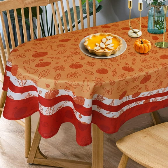 Fall Tablecloth Oval 60x120 Inch, Autumn Pumpkins Leaves Orange Thanksgiving Harvest Table Cloth Cover for Party Picnic Dinner Decor