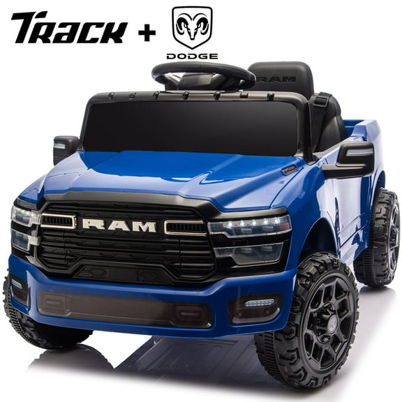 Track Seven 12V Ride on Car, Licensed Dodge RAM 3500 Ride On Truck with Remote Control, Rear Shock Suspension, LED Headlights, Low Battery Alarm, Bluetooth, Music, Ride on Toy for Kids Aged 3 , Blue