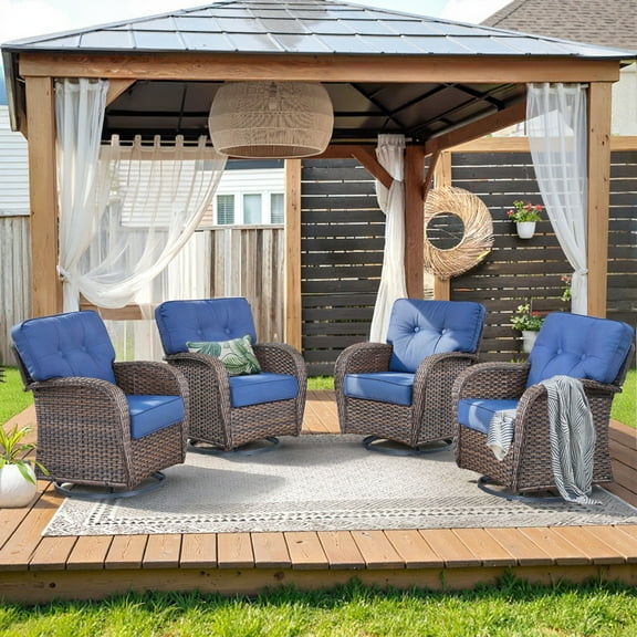 Unnifurnzi Outdoor Swivel Rocker Glider Chairs-High Back Outdoor Swivel Chairs Set of 4 Patio Furniture for Deck Porch Poolside Balcony-Brown/Blue