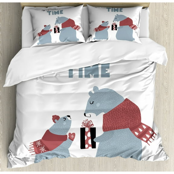 Polar Bear Duvet Cover Set King Size, Christmas Time Baby Bear Giving Present to Mom Noel Celebration Theme, Decorative 3 Piece Bedding Set with 2 Pillow Shams, Dark Coral Slate Blue, by Ambesonne