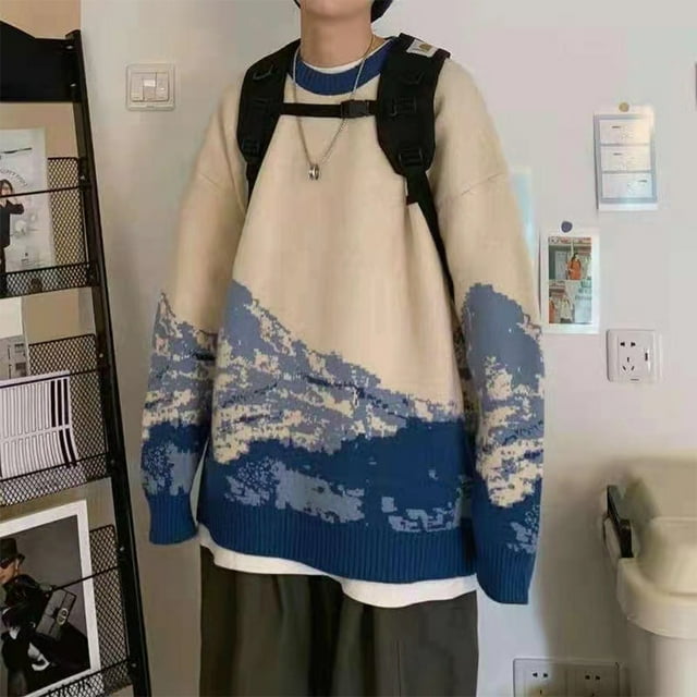 VONKY Warm In Style Hip Hop Streetwear Sweater With Japanese Snow Mountain Pattern Wide Applicable Coffee M