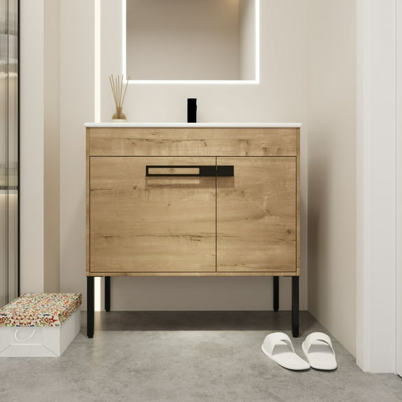 Noble House 36" Bathroom Vanity with Sink, Convertible Floating Freestanding Cabinet, Soft-Close Doors, Imitative Oak