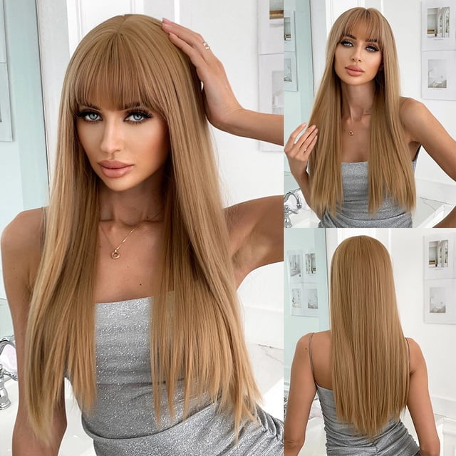 Pelucas sintéticas de color rubio claro para mujeres blancas, pelo largo y liso, marrón, Rubio, Cosplay, pelo Natural con flequillo, resistente al calor