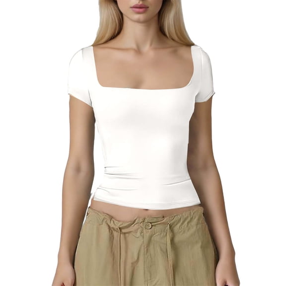 ByworldtasicNo Boundaries Women's Square Neck Short Sleeve Y2k Tops Basic Slim Fit Going Out T Shirt
