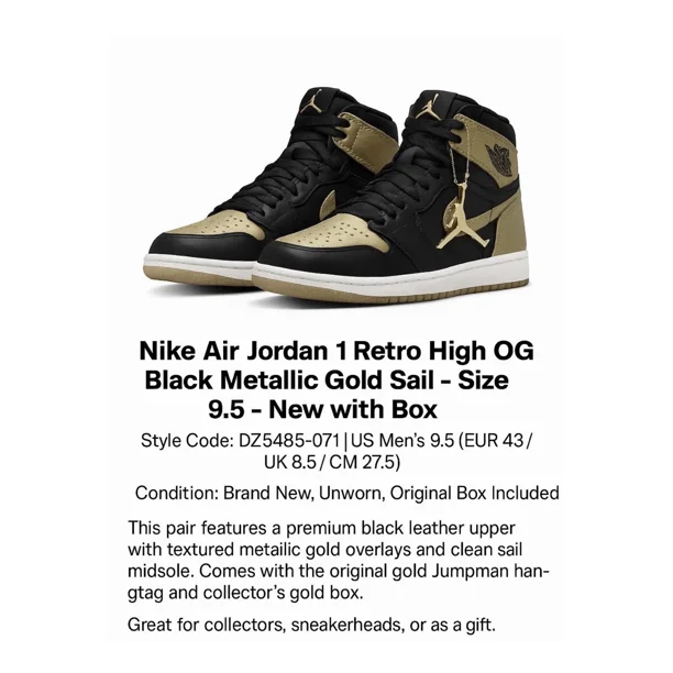 N I-K-E A i r-Jor-dan 1 Retro High OG Black Metallic Gold - Size 9,5 Brand New DS