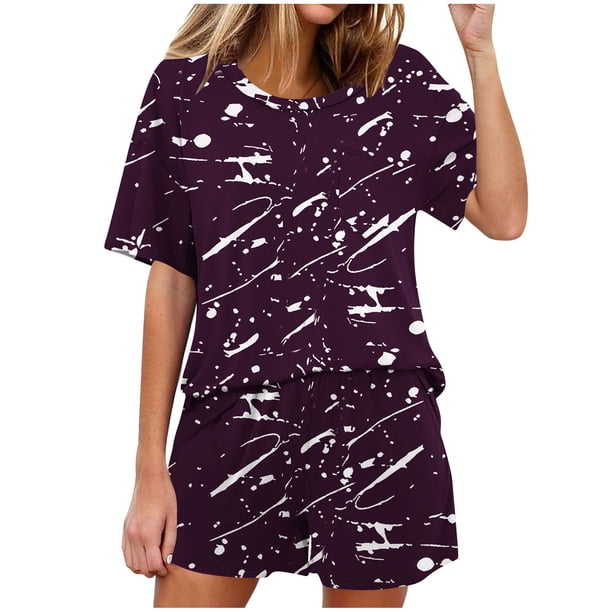 Conjunto de Pijama de las Mujeres de Moda Casual Color Sólido Manga Corta Cuello Redondo Top Y Pantalones
