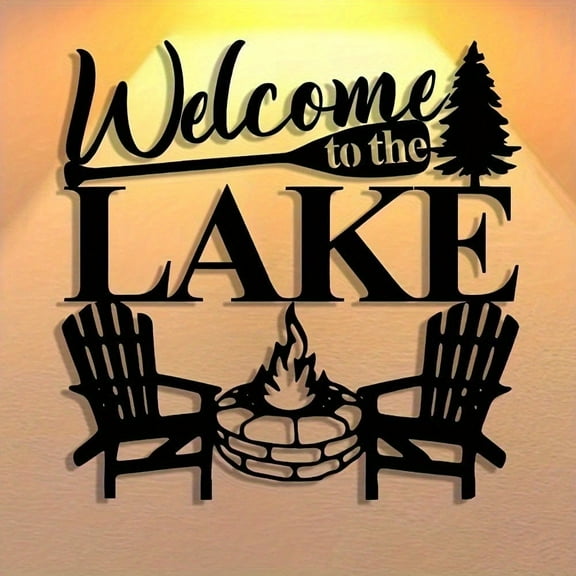 HELLOYOUNG 11.81 Inch Welcome To The Lake Metal Wall Art with Tree  Bonfire Wood Chair & Paddle – Modern Rustic Home Decor for Bedroom Living Room or Bathroom Waterproof  Decorative Wall Panels