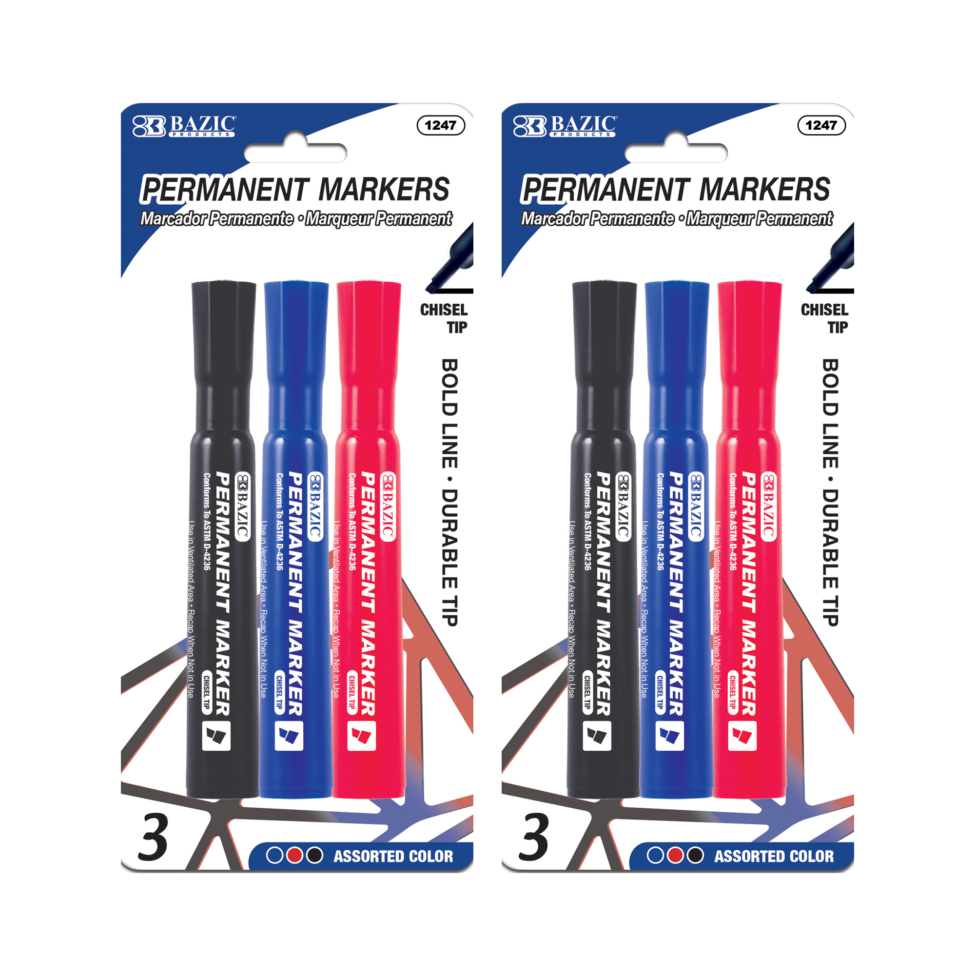 BAZIC Permanent Marker Chisel Tip, Assorted Color Markers, (3/Pack), 2