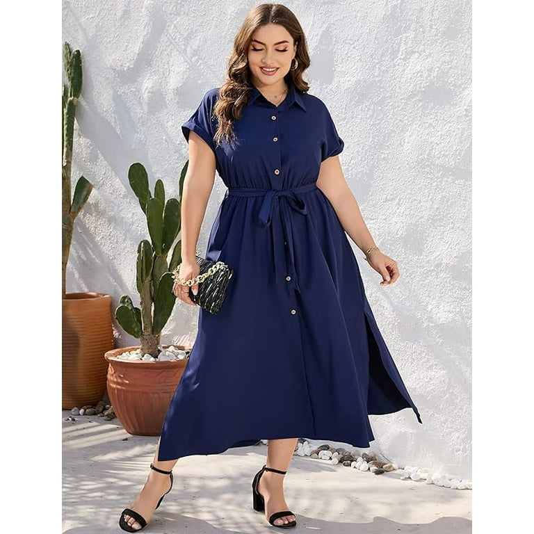 KOJOOIN Plus Size Maxi Dresses for Women Summer Tie Belt Work Polo Dress Business Casual Button Down Dress Navy Blue 2XL