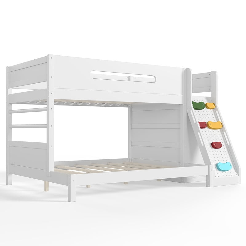 Twin/Twin XL Over Full Bunk Bed with Built-in Wardrobe, Storage Shelves, Rock Climbing Wall, Solid Wood Bunk Bed Fram with Full-Length Guardrails, No Box Spring Needed