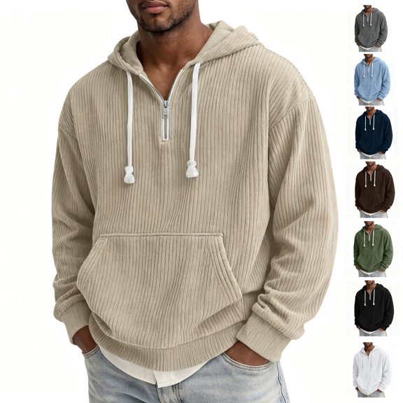Basysin Sweatshirts For Men's Corduroy Half Zip Hoodie Long Sleeve Drawstring Hooded Sweatshirt With Pocket Loose Fit Casual Sport Pullover, Sizes S-3XL