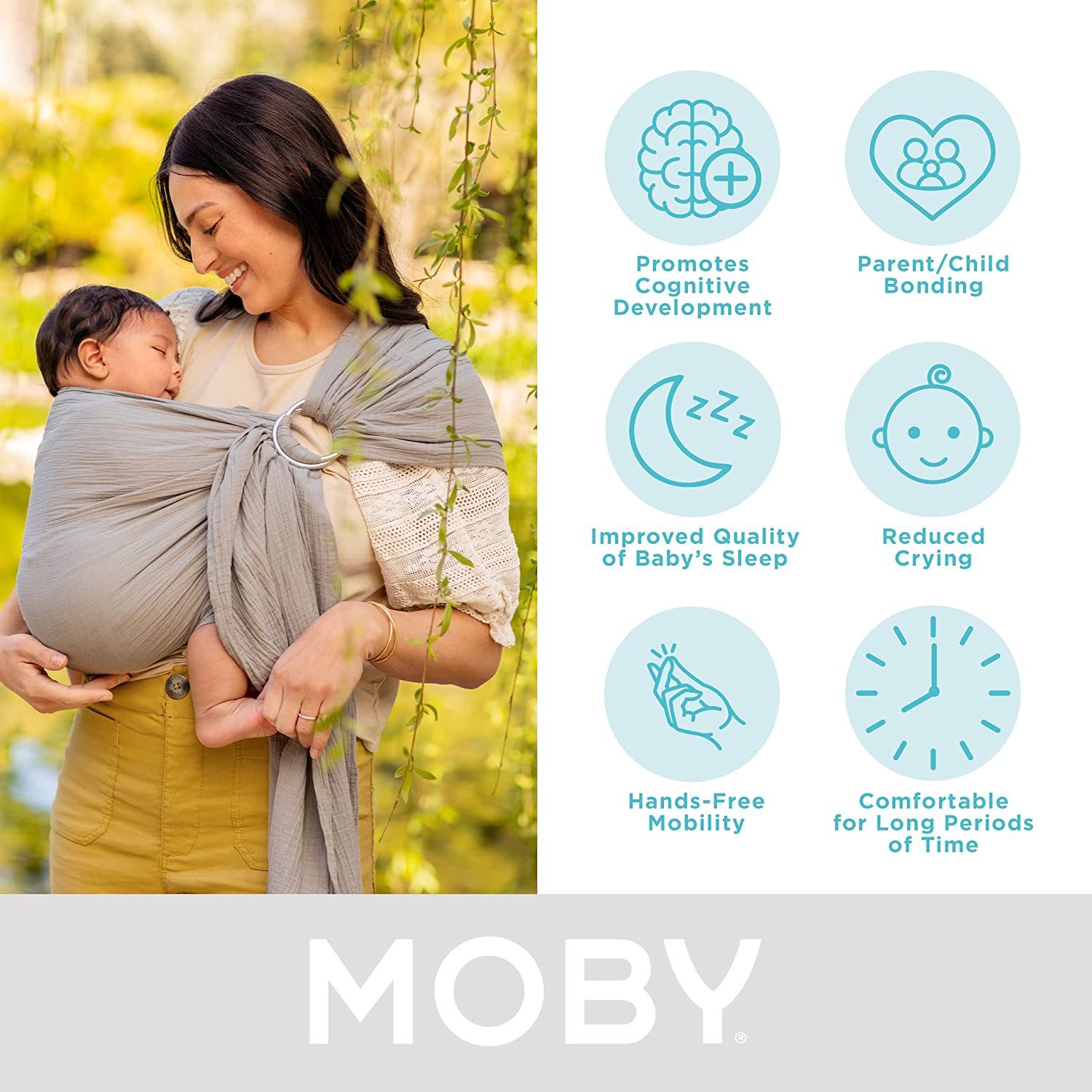 Moby Ring Sling Wrap Carrier , Hands-Free, Versatile Support Wrap for Mothers, Fathers, and Caregivers , Breathable, Baby Wrap Carrier for Newborns, Infants & Toddlers , Supports lbs , Pewter - image 3 of 6