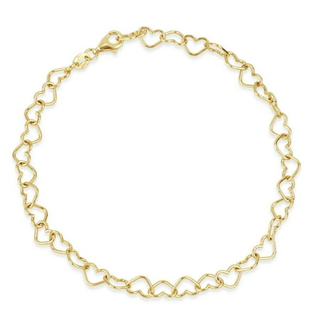 Filigree Heart Anklet - 18K Gold Over Sterling Silver Heart Link Chain Anklet Bracelet 9 Inch