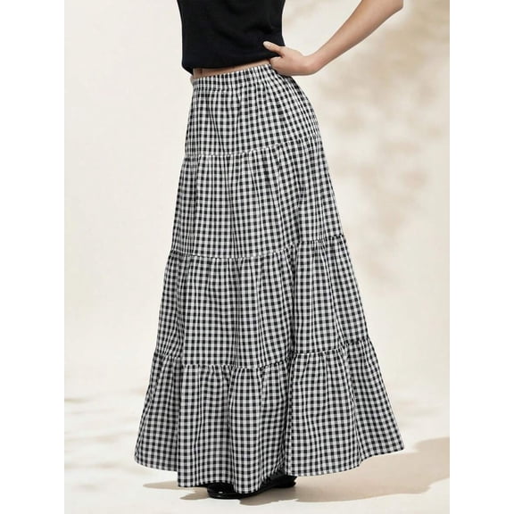 Women's Skirt High Waisted Tiered Ruffle Hem A-Line Flared Maxi Skirt
