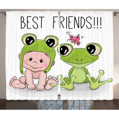 Animal Decor Curtains 2 Panels Set, Cute Cartoon Baby In Froggy Hat And Frog Best Friends Love Theme Graphic Print, Living Room Bedroom Accessories, By