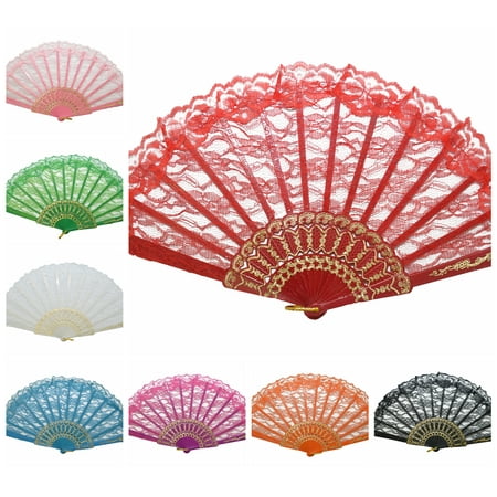 

Vintage Wedding Party Flower Print Multi-Pattern Decoration Fabric Folding Lace Silk Trim Hand Fan