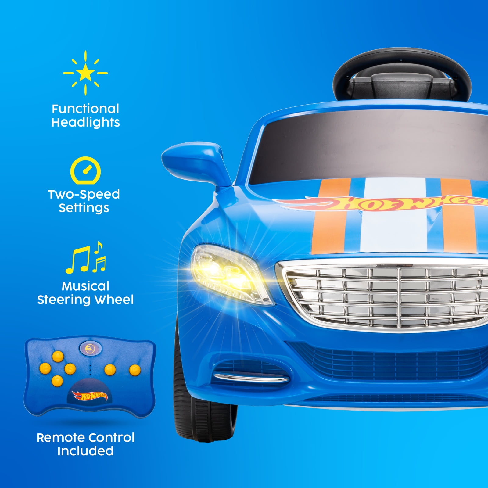 Hot Wheels 6V Battery-Powered Convertible Ride-On Car for Kids, Blue with Racing Stripes
