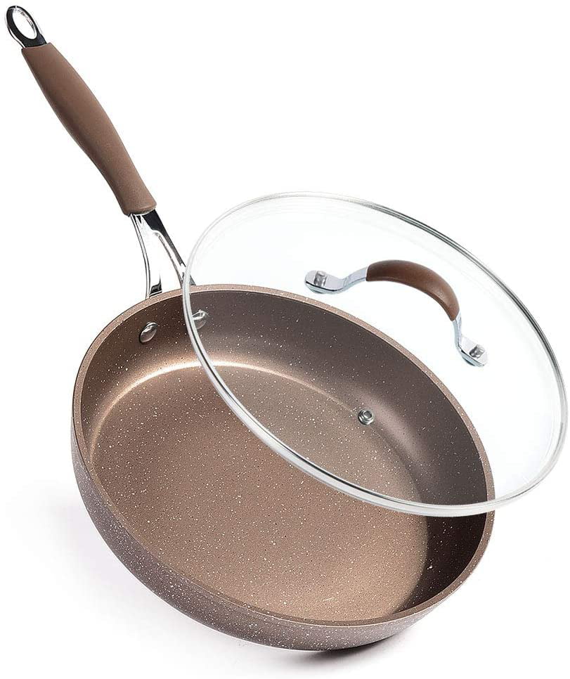 9.5'' Copper Round Fry Pan with Lid Non-stick Omelet Pans Skillet Heavy 