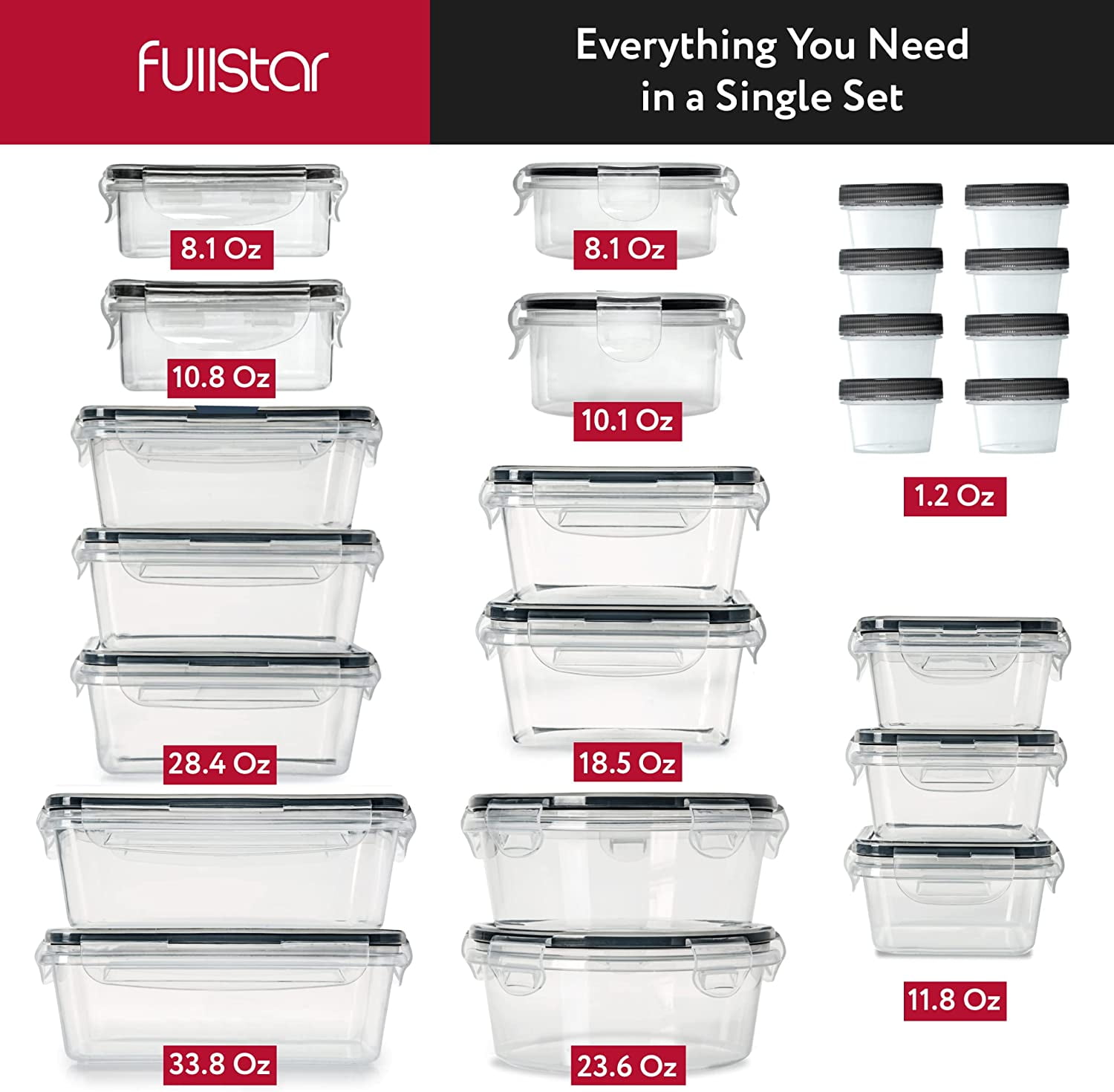 Fullstar 50 pcs Meal Prep Container with Lids Set, Leakproof, BPA-Free, Food Storage Containers, Reusable Lunch Storage Set for Kitchen Organization