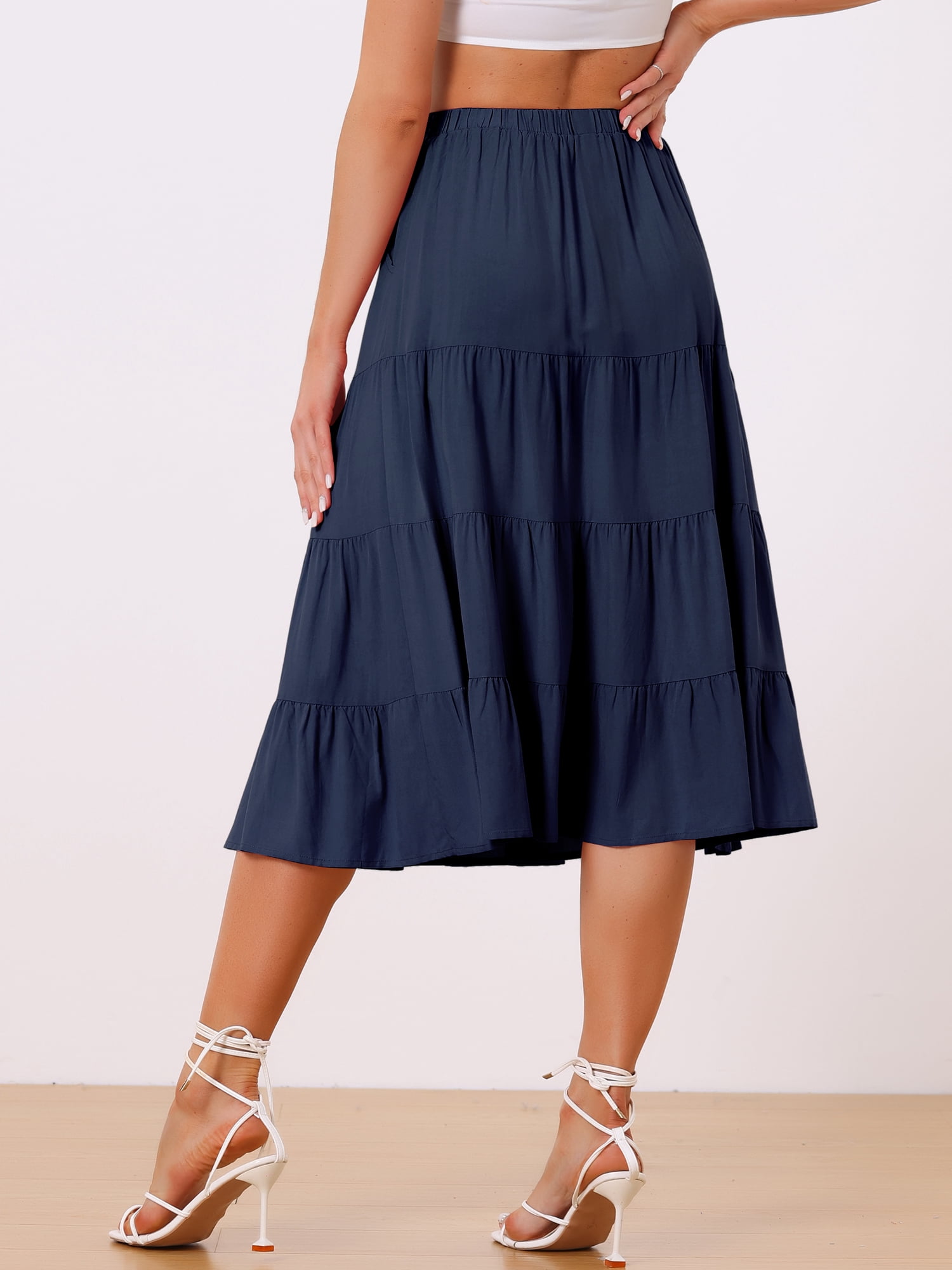 DARING DIVA Women's Flare Tiered Pleated Solid Elastic Waist A-Line Skirt S Navy
