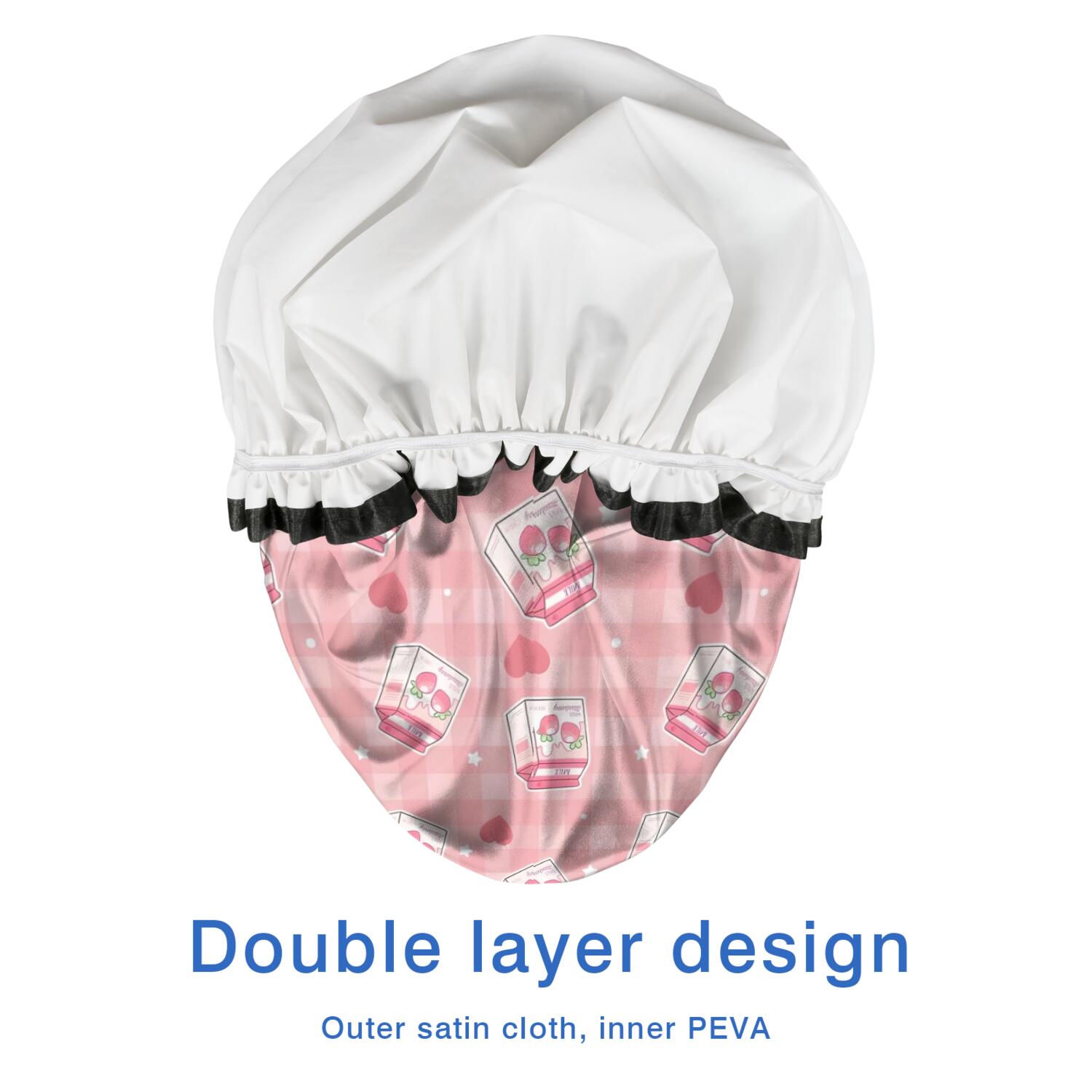 Shower Caps,Strawberry Plants Fruit Milk Box Checkered Waterproof Shower Cap for Women 4 Pieces,Double Reusable Hair Cover for Shower PEVA Elastic Stretch Hem