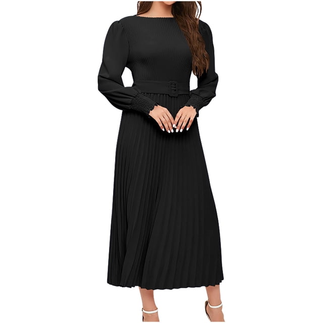 Yuyuzo Robe Maxi Formelle pour Femme à Manches Longues, Col Ras du Cou, Froncée, à Volants, Fluide, Couleur Unie, Robe de Cocktail avec Ceinture