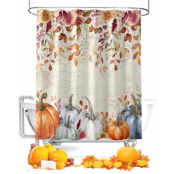 Fall Thanksgiving Eucalyptus Leaf Pumpkin Shower Curtain Set ,Waterproof Fabric Shower Curtains Shower Curtains for Bathroom,Bathroom Decor 72"x72"