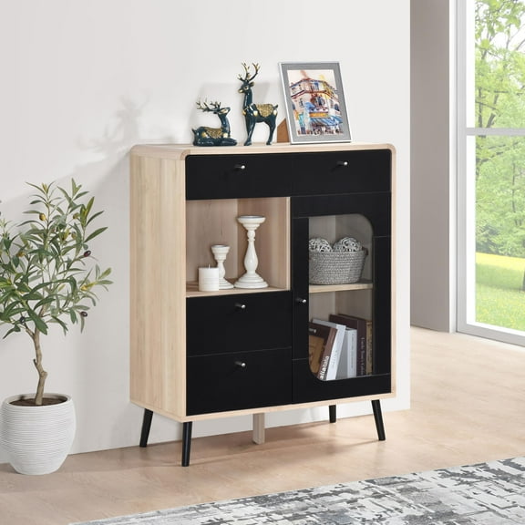Kings Brand Furniture Nathan Black Front Panel Tall Console Cabinet – Open & Closed Shelving for Dining & Hallway Storage