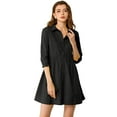 thumbnail image 3 of Vestido camisero informal Allegra K con pliegues manga 3/4 botones Negro S, 3 of 6