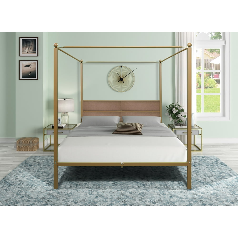 Brass Metal Canopy Platform Bed Frame Queen Size with Upholstered
