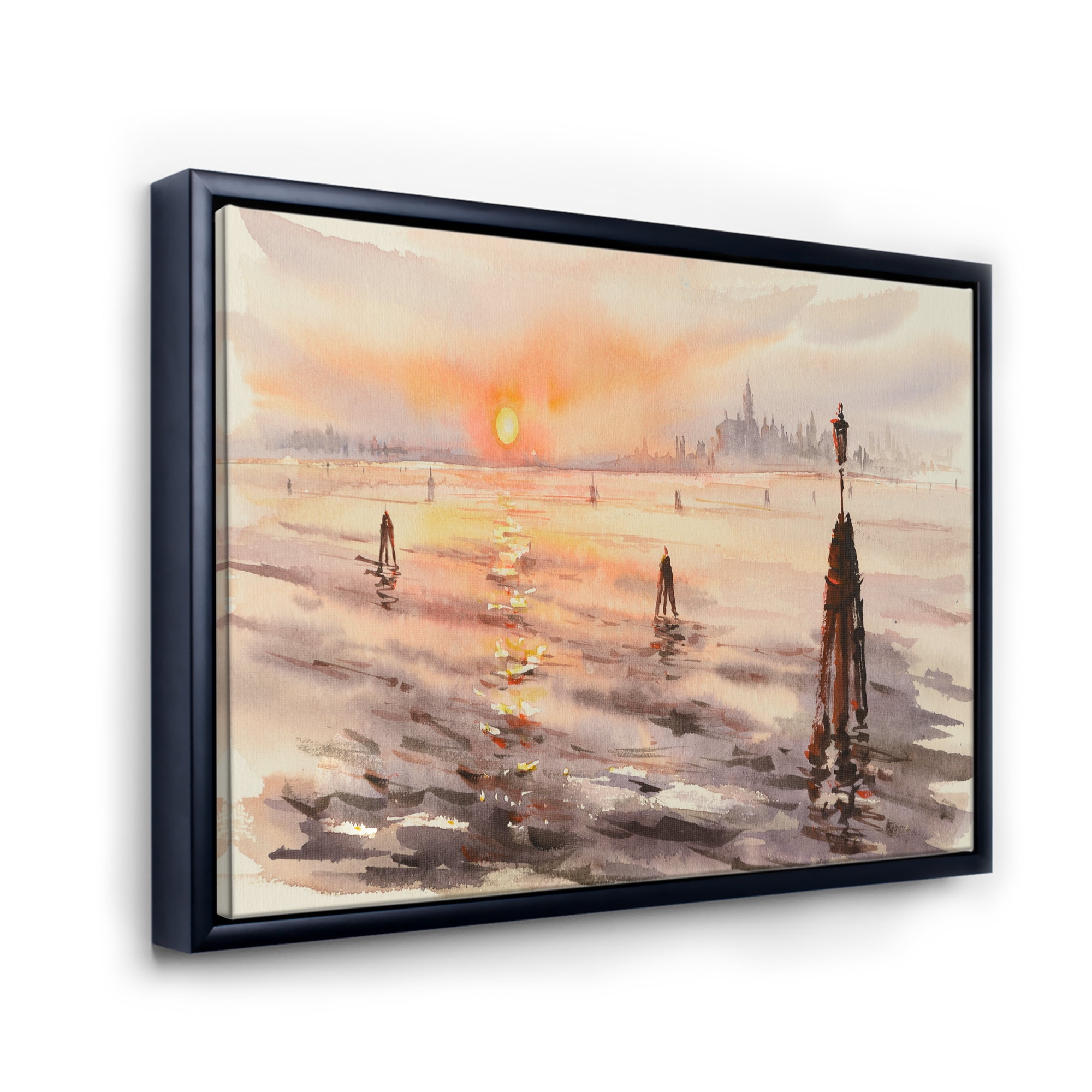 Designart 'Panorama of Venice Laguna Beach At Sunset' Nautical & Coastal Framed Canvas Wall Art Print