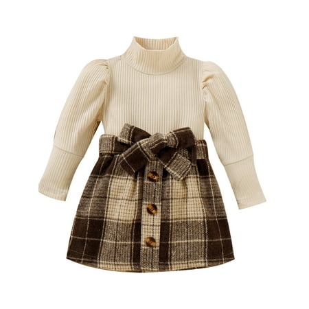 

Toddler Baby Girls Fall Winter Outfits Long Sleeve Knitted Ruffle Pullover Tops Belted Plaid Skirt 2Pcs Set