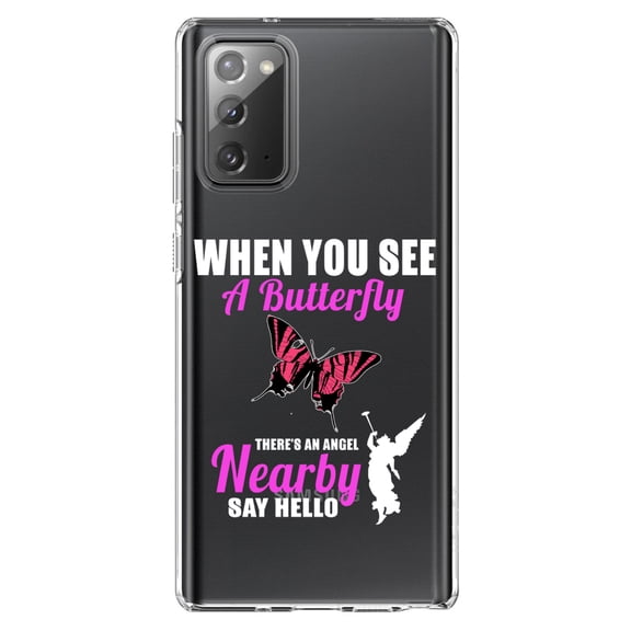 DistinctInk Clear Shockproof Hybrid Case for Samsung Galaxy Note 20 (6.7" Screen) - TPU Bumper Acrylic Back Tempered Glass Screen Protector - See Butterfly, Angel is Nearby
