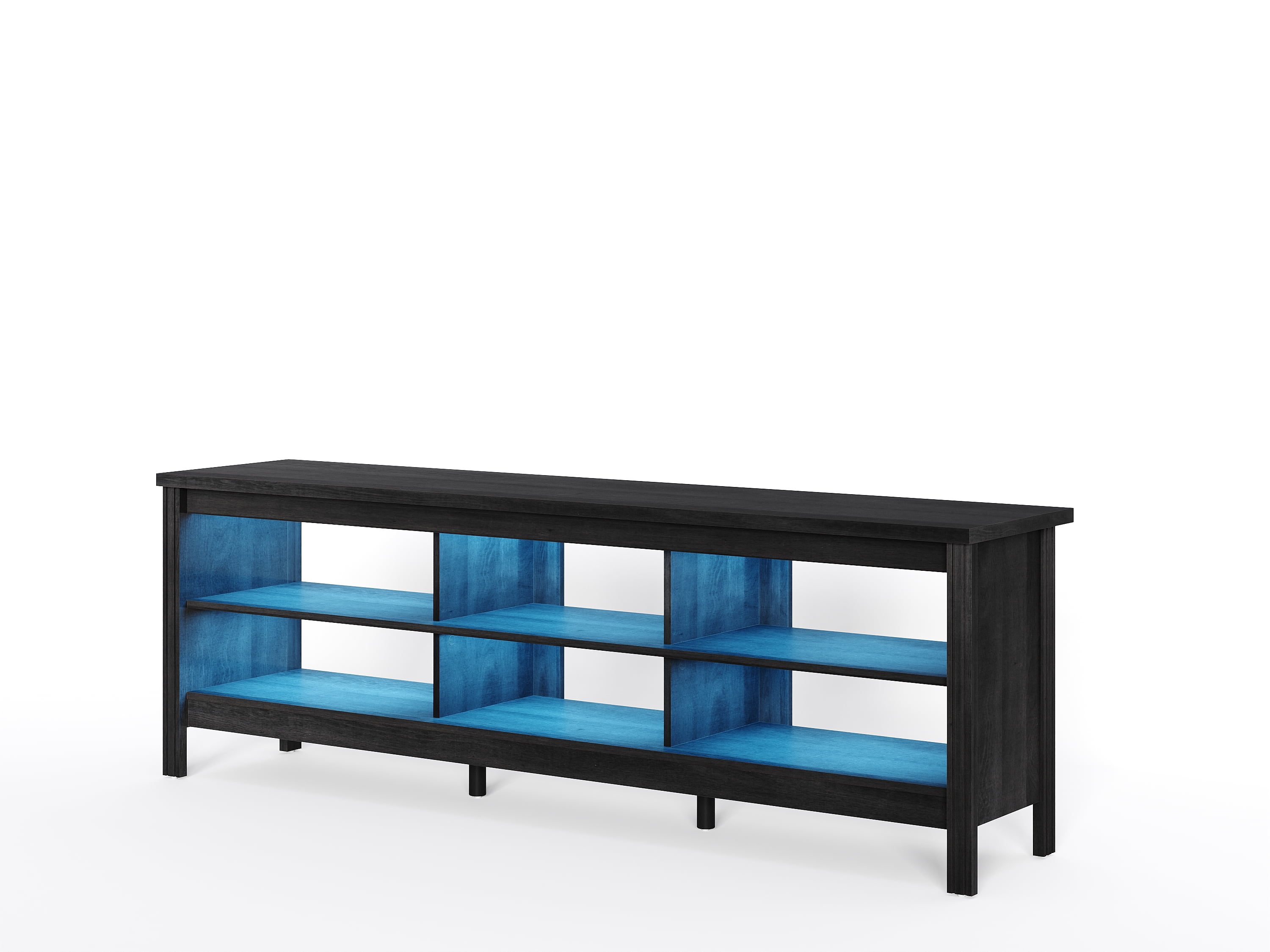 FITUEYES 70" Farmhouse TV Stand for 75 inch TV, Black Entertainment Center with 6 Storage & LED Light for Living Room, Bedroom