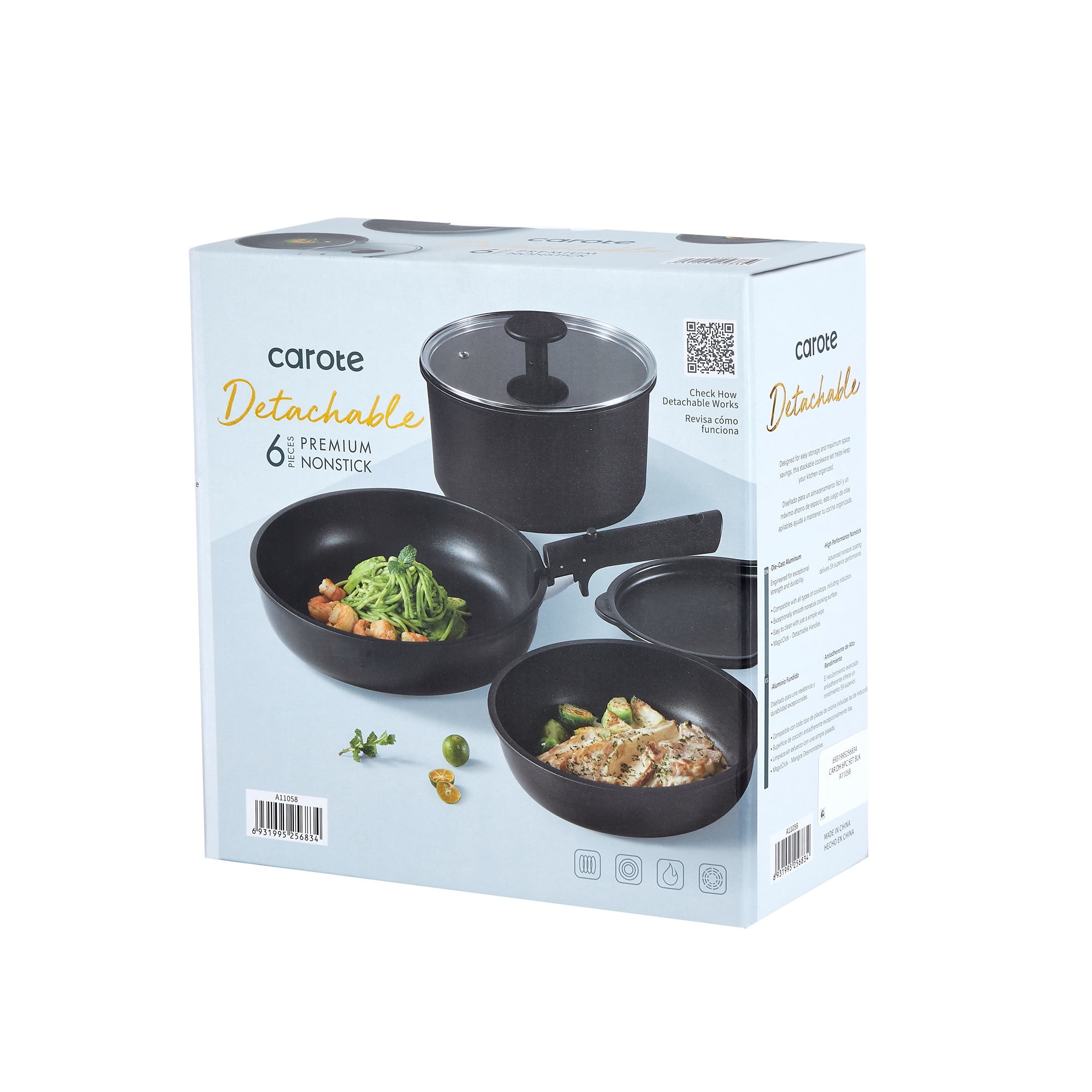 Carote Nonstick Detachable Pots and Pans Set, 6 Pieces Induction Cookware Set, Oven/Dishwasher Safe, Easy for Storage, Black