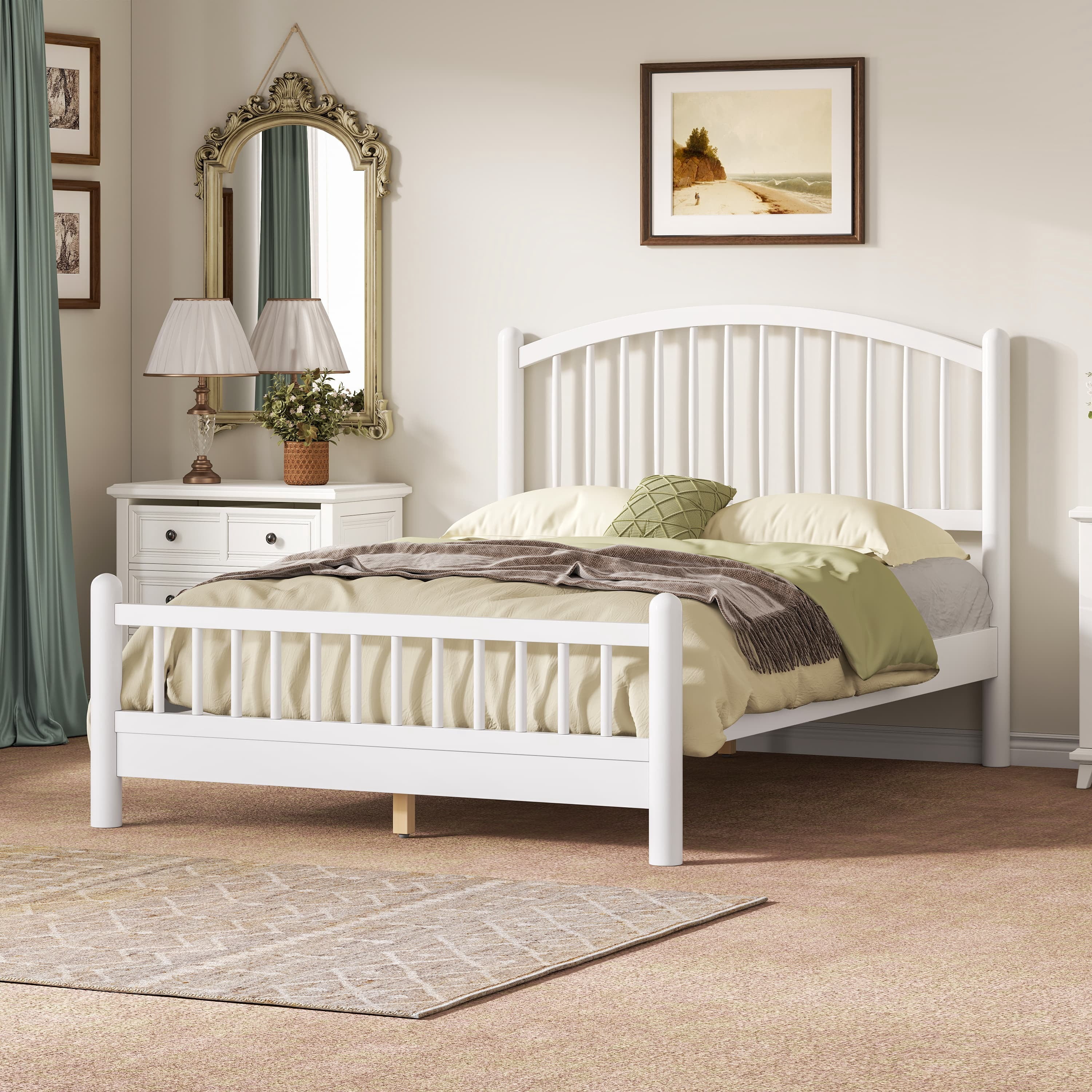 Euroco Full Size Wood Platform Bed with Arched Headboard, No Box Spring Needed, White