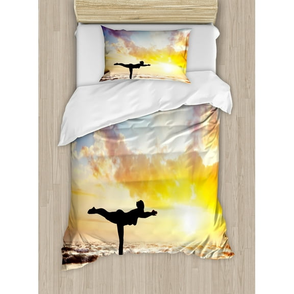 Yoga Duvet Cover Set Twin Size, Warrior Pose by Woman in Silhouette with Majestic Sunset Sky Virabhadrasana Practice, Decorative 2 Piece Bedding Set with 1 Pillow Sham, Multicolor, by Ambesonne