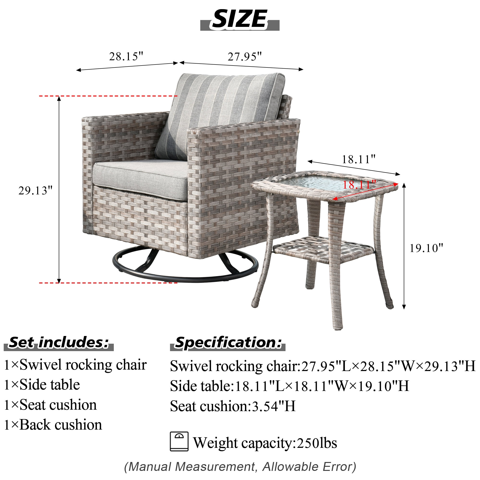 Ovios 2 Pieces Outdoor Patio Furniture Wicker Bistro set with Swivel Chairs and Side Coffee Table for Backyard