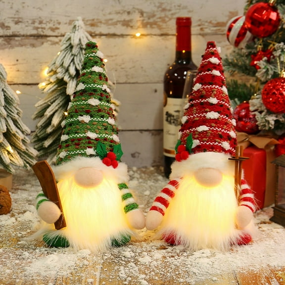 2 Pack Lighted Christmas ,Handmade Plush Santa , LED Light Up Scandinavian Swedish Tomte Toy Holiday Present, Battery Operated Xmas Gifts Winter Mantle Tabletop Decor